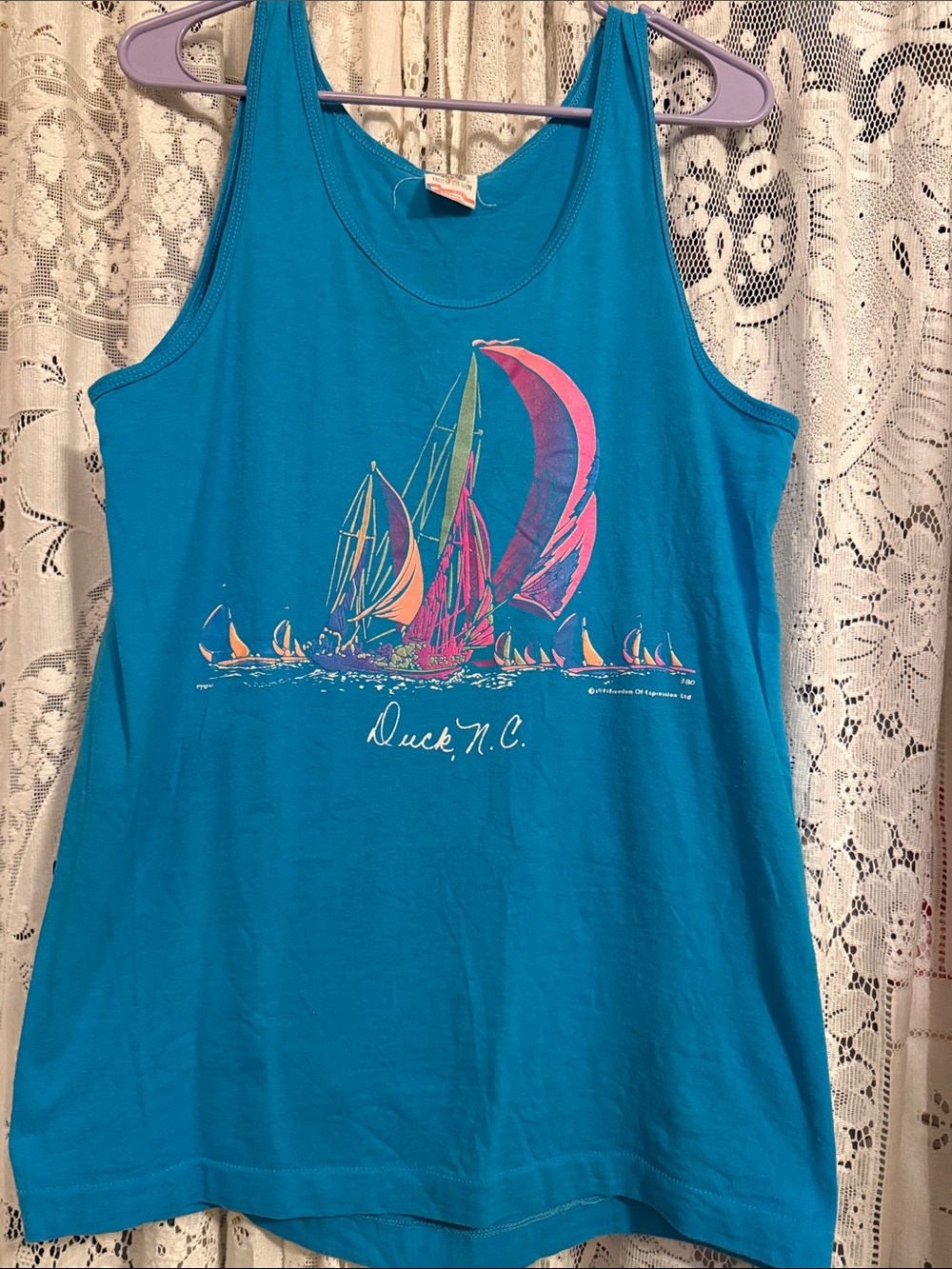 Vintage 90’s single stitch Teal Tank Top with Multicolor Sailboat Graphic
